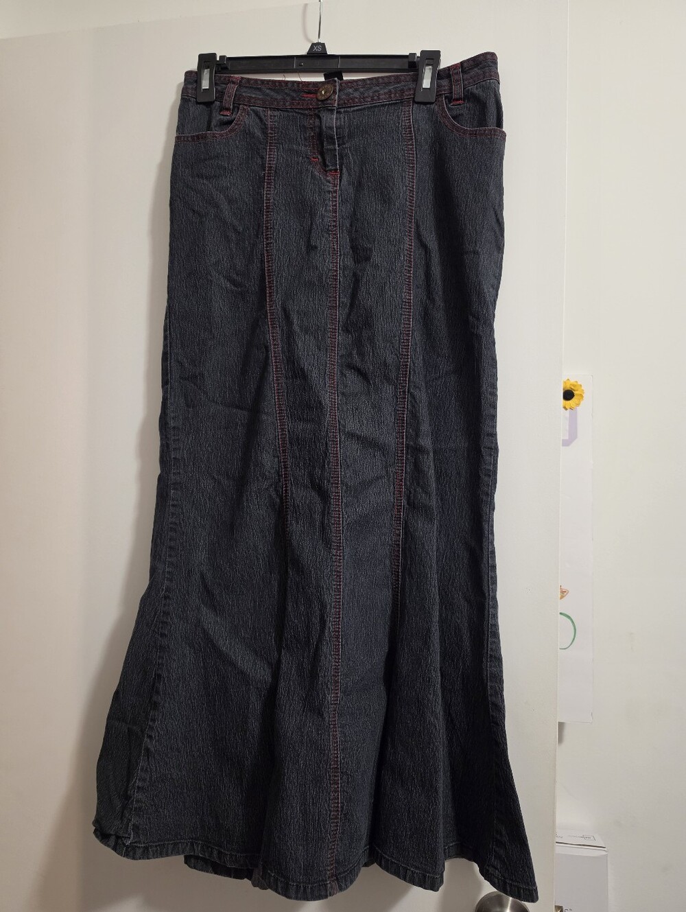 Mermaid Style Black Flared Denim Skirt with Red Stitching
